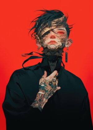 Cyberpunk Anime Boy Tattoo Art Print - Premium Wooden Framed Poster. Ready to Hang.