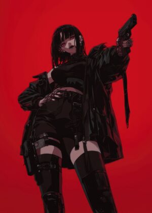 Crimson Rebellion: Anime Girl with Gun Artwork - Premium Wooden Framed Poster. Ready to Hang.