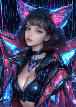 Cyberpunk Anime Girl: Neon Dreams - Premium Wooden Framed Poster. Ready to Hang.