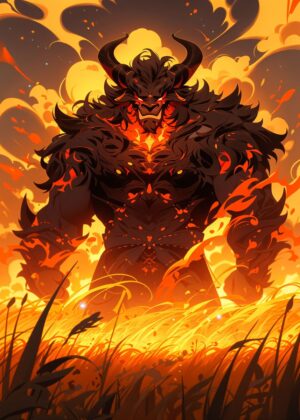 Fiery Minotaur: A Digital Art Print - Premium Wooden Framed Poster. Ready to Hang.