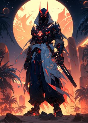 Cyberpunk Samurai Warrior: Digital Art Print - Premium Wooden Framed Poster. Ready to Hang.
