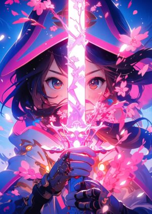 Anime Girl with Sword: Blossoms of Courage - Premium Wooden Framed Poster. Ready to Hang.