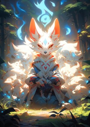 Kitsune Spirit Guide: Mystical Fantasy Art Print - Premium Wooden Framed Poster. Ready to Hang.