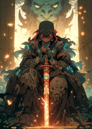 Empowered Warrior: A Striking Fantasy Artwork - Premium Wooden Framed Poster. Ready to Hang.