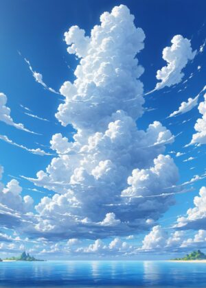 Fluffy Clouds Over Tropical Paradise: A Stunning Digital Art Print - Premium Wooden Framed Poster. Ready to Hang.