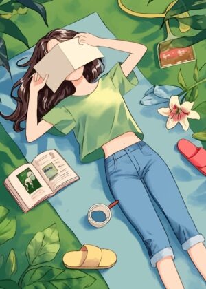 Serene Summer Day: Girl Reading in Nature - Premium Wooden Framed Poster. Ready to Hang.