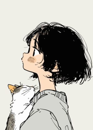 Girl and Cat Gazing Upward - Premium Wooden Framed Poster. Ready to Hang.
