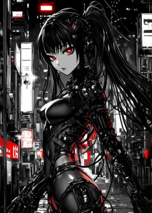 Cyberpunk Anime Girl: Dark City Dreams - Premium Wooden Framed Poster. Ready to Hang.