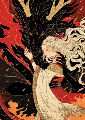 Dragon and Woman: A Fiery Embrace - Premium Wooden Framed Poster. Ready to Hang.