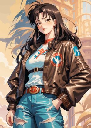 Anime Girl in Brown Leather Jacket - Premium Wooden Framed Poster. Ready to Hang.