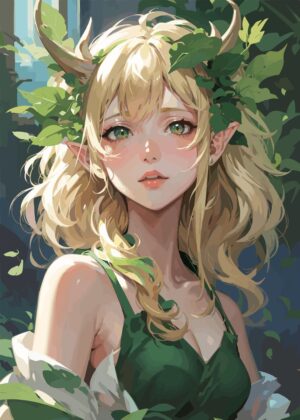 Enchanted Forest Nymph: Anime Art Print - Premium Wooden Framed Poster. Ready to Hang.