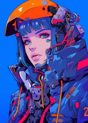Cyberpunk Anime Girl: Neon Dreams - Premium Wooden Framed Poster. Ready to Hang.