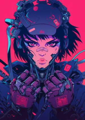 Cyberpunk Girl: Futuristic Art Print - Premium Wooden Framed Poster. Ready to Hang.