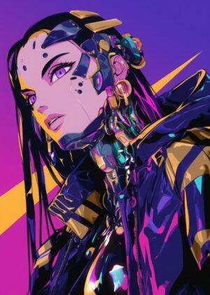 Cyberpunk Anime Girl: Neon Dreams - Premium Wooden Framed Poster. Ready to Hang.