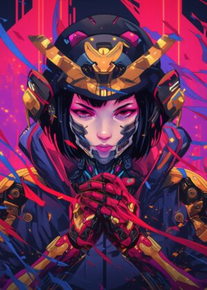 Cyberpunk Female Warrior: Digital Art Print - Premium Wooden Framed Poster. Ready to Hang.