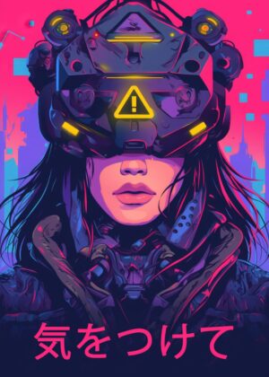 Cyberpunk Woman in Virtual Reality Goggles - Premium Wooden Framed Poster. Ready to Hang.