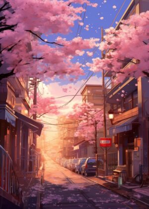 Cherry Blossom Street: A Breathtaking Anime-Inspired Print - Premium Wooden Framed Poster. Ready to Hang.