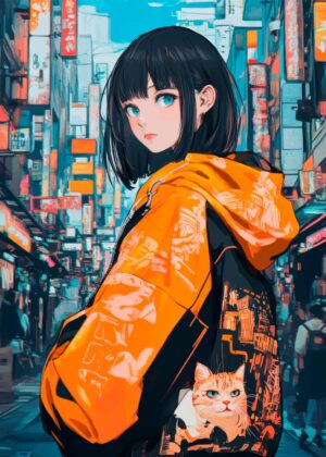 Anime Girl and Cat in Vibrant Cityscape - Premium Wooden Framed Poster. Ready to Hang.