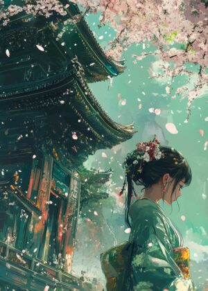 Japanese Woman in Cherry Blossoms: A Serene Artwork - Premium Wooden Framed Poster. Ready to Hang.