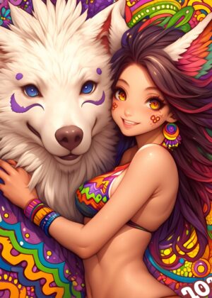 Anime Girl and White Wolf: A Vibrant Fantasy Artwork - Premium Wooden Framed Poster. Ready to Hang.