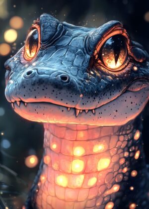 Glowing Alligator Portrait: Fantasy Art Print - Premium Wooden Framed Poster. Ready to Hang.