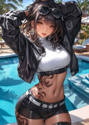 Anime Girl by the Pool: Sun-Kissed Summer Vibes - Premium Wooden Framed Poster. Ready to Hang.