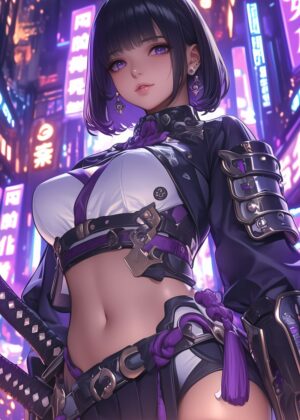 Cyberpunk Anime Girl: Neon Nights - Premium Wooden Framed Poster. Ready to Hang.