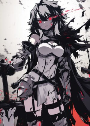 Fierce Anime Girl with Crimson Eyes - Premium Wooden Framed Poster. Ready to Hang.
