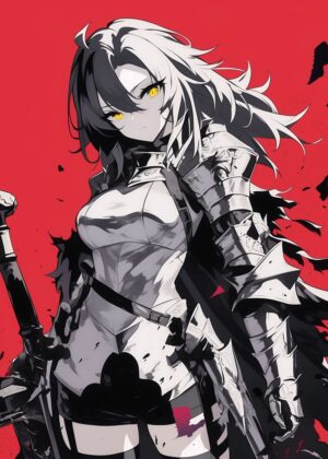 Anime Warrior Girl: Fierce and Elegant Artwork - Premium Wooden Framed Poster. Ready to Hang.