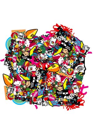 Vibrant Anime-Inspired Sticker Bomb Art Print - Premium Wooden Framed Poster. Ready to Hang.
