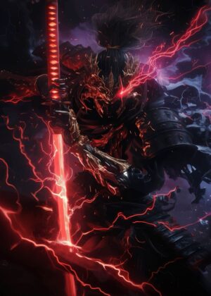 Fiery Samurai: Red Lightning Art Print - Premium Wooden Framed Poster. Ready to Hang.