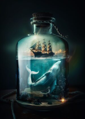 Ocean in a Bottle: Whale and Sailing Ship Artwork - Premium Wooden Framed Poster. Ready to Hang.