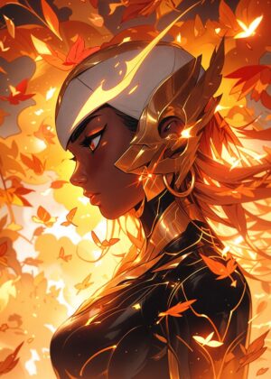 Golden Warrior Woman: Autumnal Embrace - Premium Wooden Framed Poster. Ready to Hang.