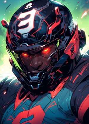 Cyberpunk Gridiron Gladiator: High-Octane Digital Art - Premium Wooden Framed Poster. Ready to Hang.