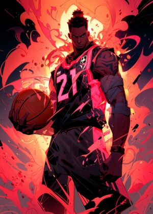 Fiery Basketball Player Illustration - Premium Wooden Framed Poster. Ready to Hang.