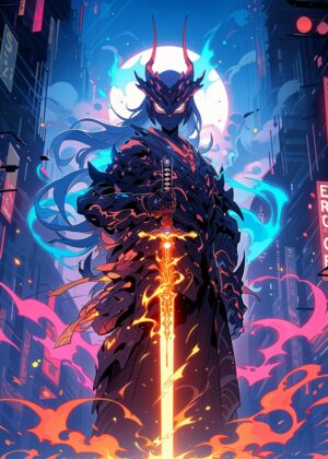Cyberpunk Samurai Warrior: Digital Art Print - Premium Wooden Framed Poster. Ready to Hang.