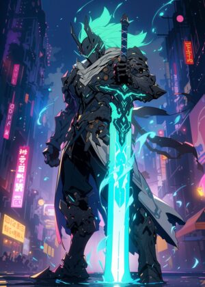 Cyberpunk Warrior: Neon City Blade - Premium Wooden Framed Poster. Ready to Hang.