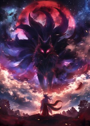 Nine-Tailed Fox Spirit: Majestic Fantasy Artwork - Premium Wooden Framed Poster. Ready to Hang.