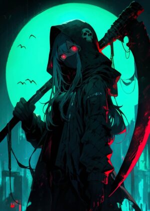 Dark Anime Girl with Scythe: Cyberpunk Art Print - Premium Wooden Framed Poster. Ready to Hang.