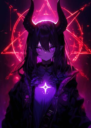Dark Anime Demon Girl Art Print - Premium Wooden Framed Poster. Ready to Hang.
