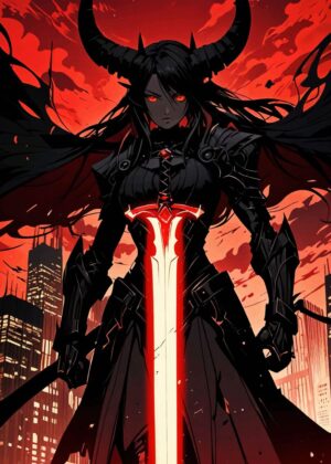 Dark Angel Warrior: Fiery Digital Art Print - Premium Wooden Framed Poster. Ready to Hang.