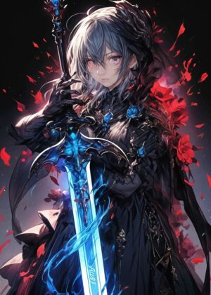 Anime Girl with Sword: Dark Fantasy Art Print - Premium Wooden Framed Poster. Ready to Hang.