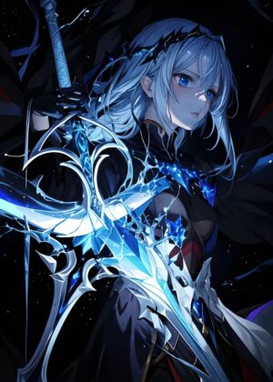 Anime Girl with Majestic Sword Artwork - Premium Wooden Framed Poster. Ready to Hang.