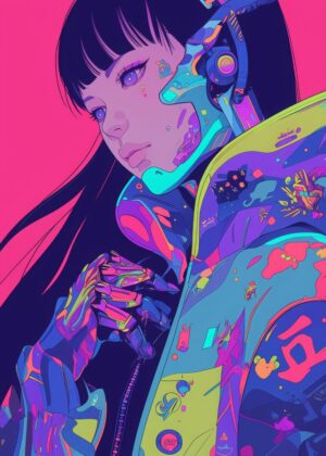 Neon Dreams: Cyberpunk Anime Girl Art Print - Premium Wooden Framed Poster. Ready to Hang.