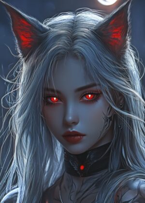 Red-Eyed Anime Girl with Fox Ears - Premium Wooden Framed Poster. Ready to Hang.