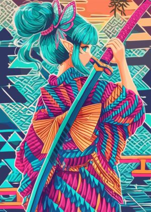 Vibrant Anime Samurai Girl Artwork - Premium Wooden Framed Poster. Ready to Hang.