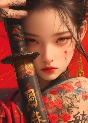 Samurai Woman with Sword: Digital Art Print - Premium Wooden Framed Poster. Ready to Hang.