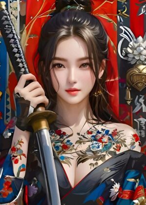 Elegant Japanese Warrior Woman Art Print - Premium Wooden Framed Poster. Ready to Hang.