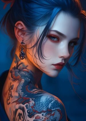 Blue-Haired Woman with Dragon Tattoo Art Print - Premium Wooden Framed Poster. Ready to Hang.