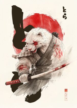 White Tiger Samurai: A Fierce Warrior's Grace - Premium Wooden Framed Poster. Ready to Hang.